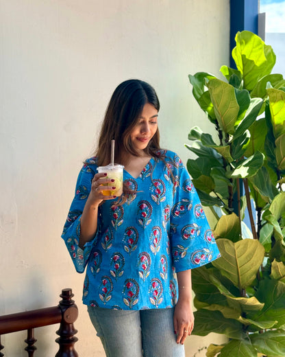 Narmaa - Hand Block Printed Blue Short Kurti (with sleeves)