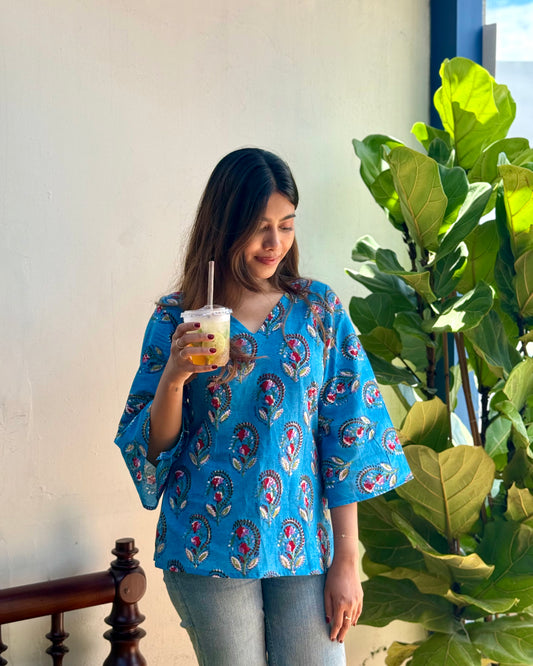 Narmaa - Hand Block Printed Blue Short Kurti (with sleeves)