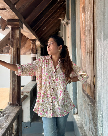 Raahat - Hand Block Printed White & Pink Oversized Shirt