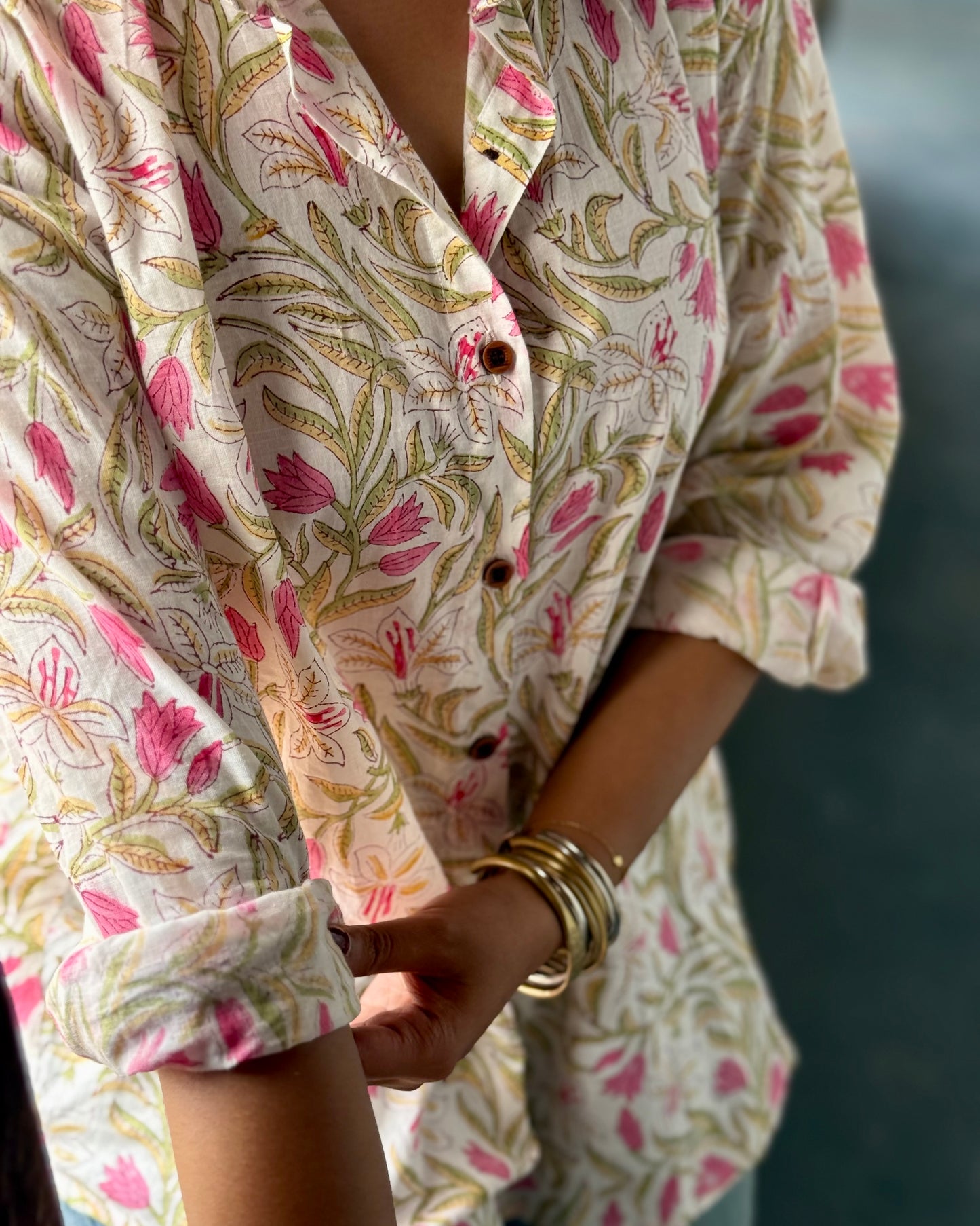 Raahat - Hand Block Printed White & Pink Oversized Shirt