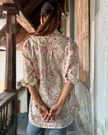 Raahat - Hand Block Printed White & Pink Oversized Shirt