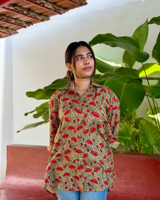 Raahat - Hand Block Printed Green & Red Oversized Shirt