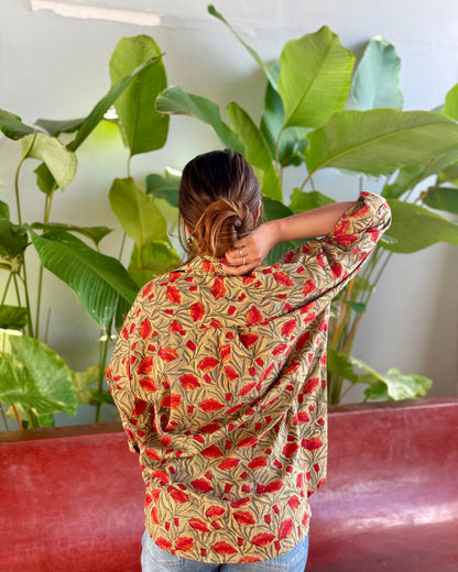 Raahat - Hand Block Printed Green & Red Oversized Shirt
