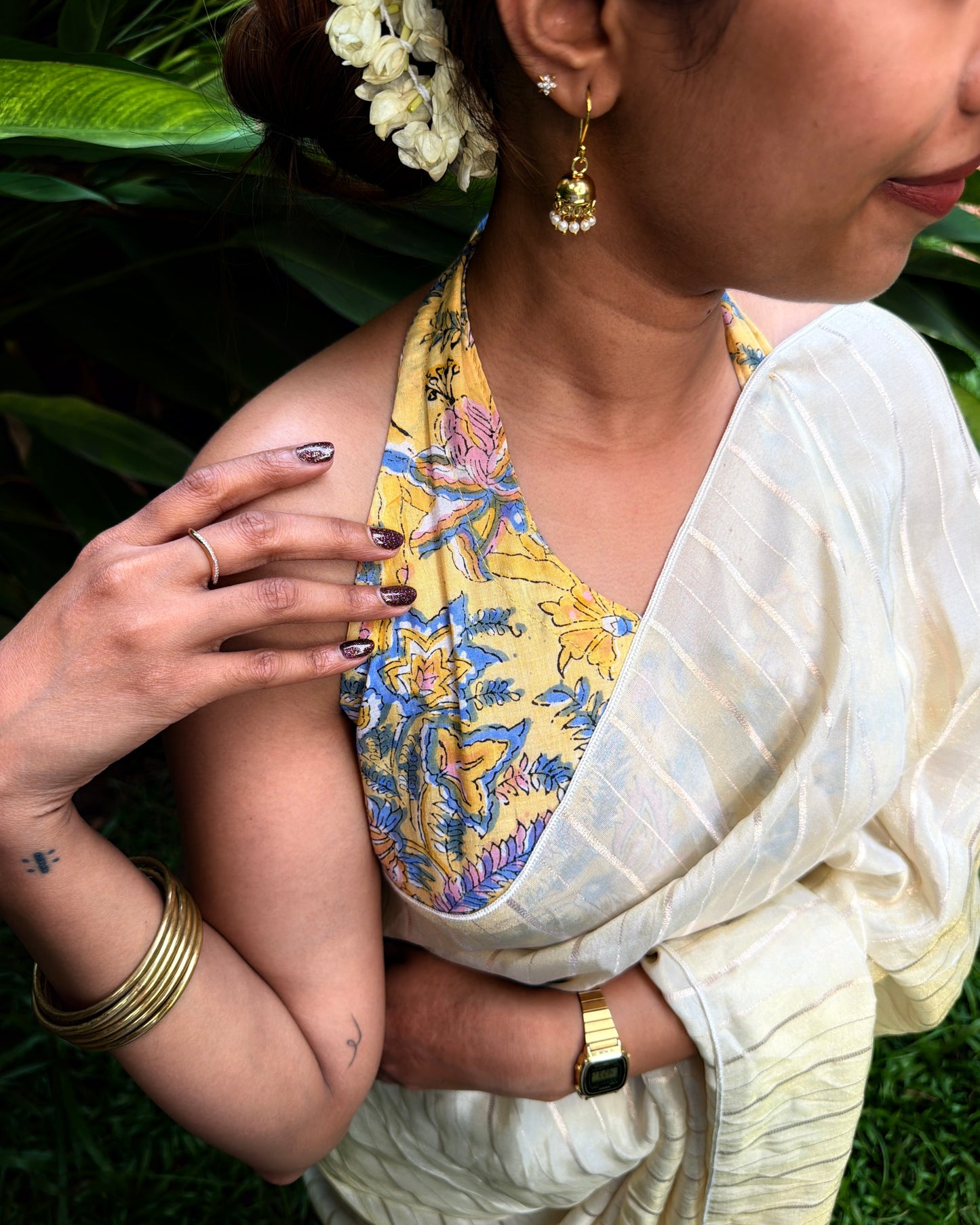Thennal - Hand Block Printed Yellow Tie-up Blouse